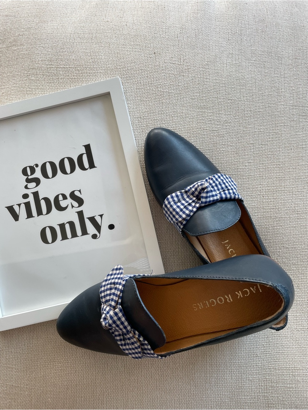 Jack Rogers Navy Leather Flats with Blue-and-White Gingham Bow - Picture 3 of 16